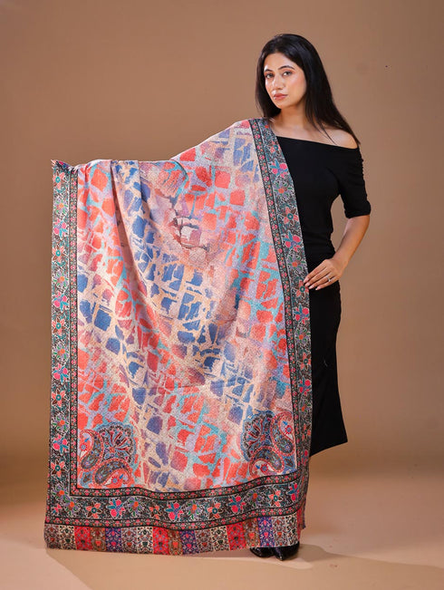 Women's Kalamkari Printed Aari Outlined Wool Shawl
